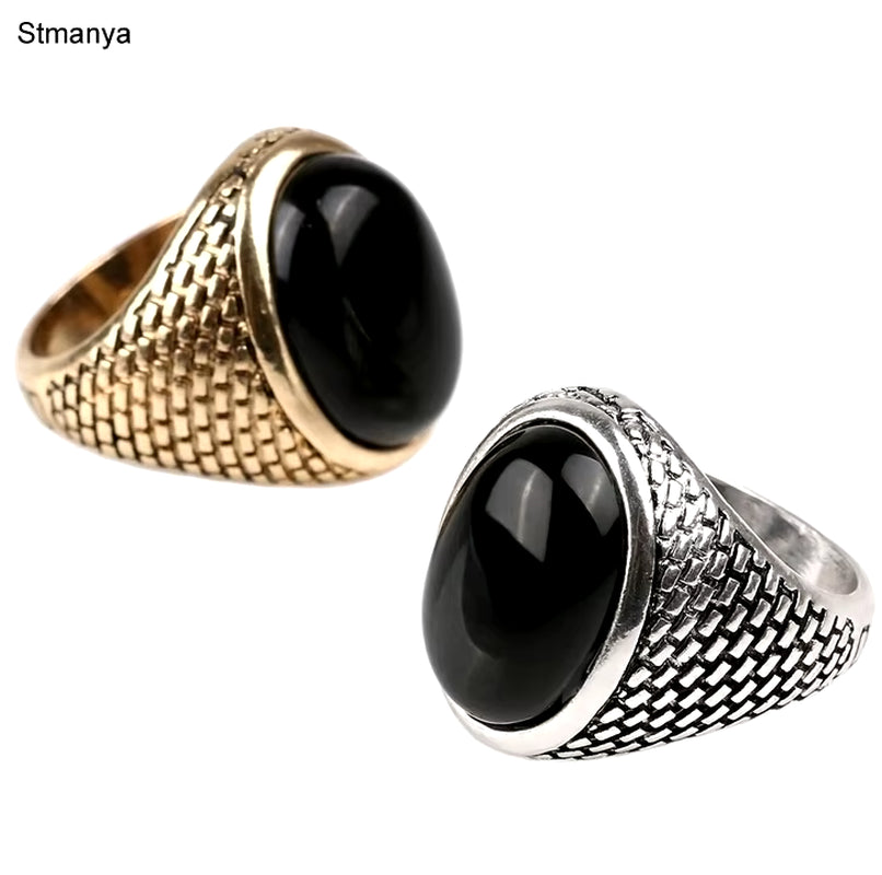 New Vintage Punk Men Ring Black Stone Ring Fashion Oval Shape Black Men Ring for Christmas Gift #1-20037