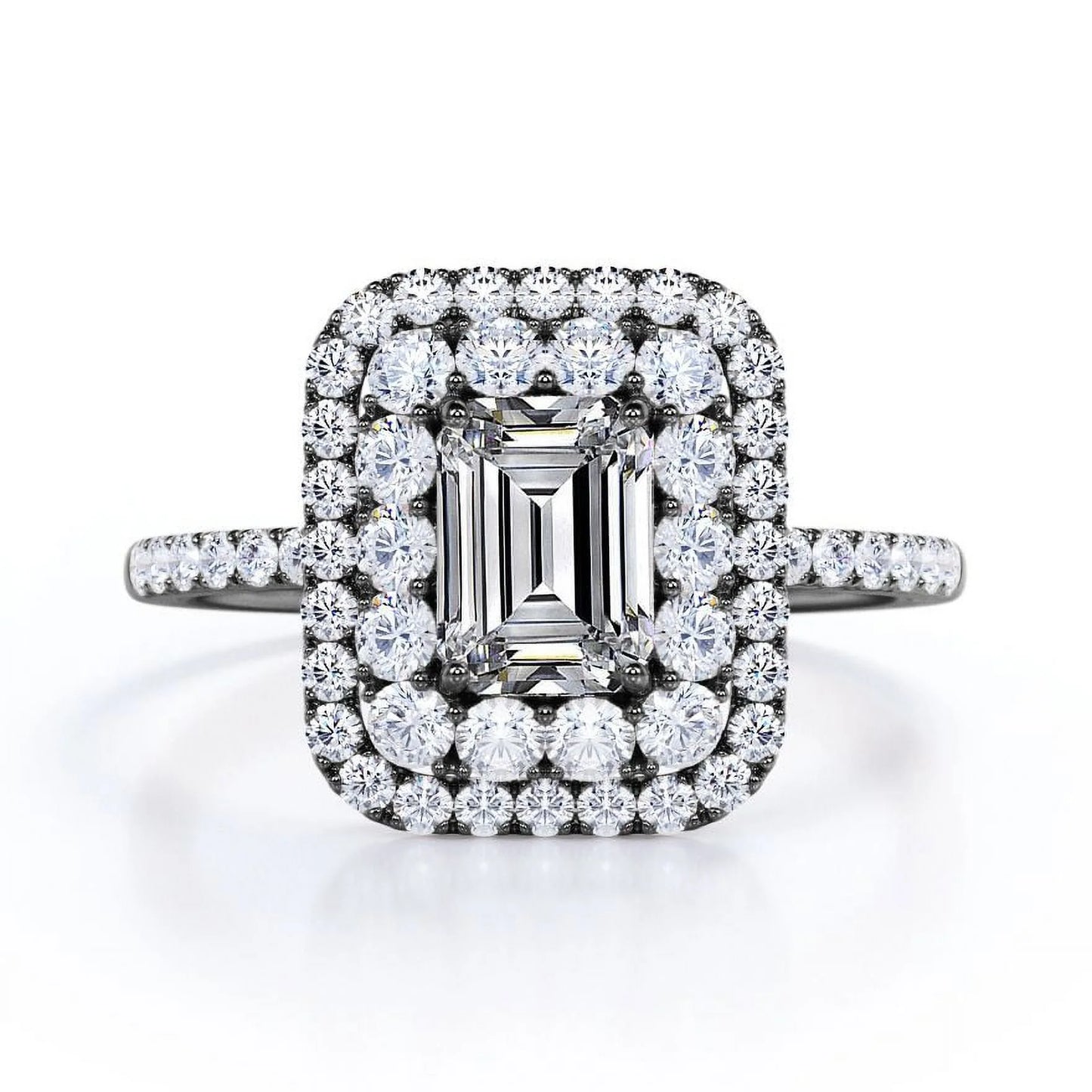 1.5 Carat Emerald Cut Moissanite Engagement Ring - Bridal Ring - Double Halo Ring - Cluster Ring - 18K Black Gold over Silver