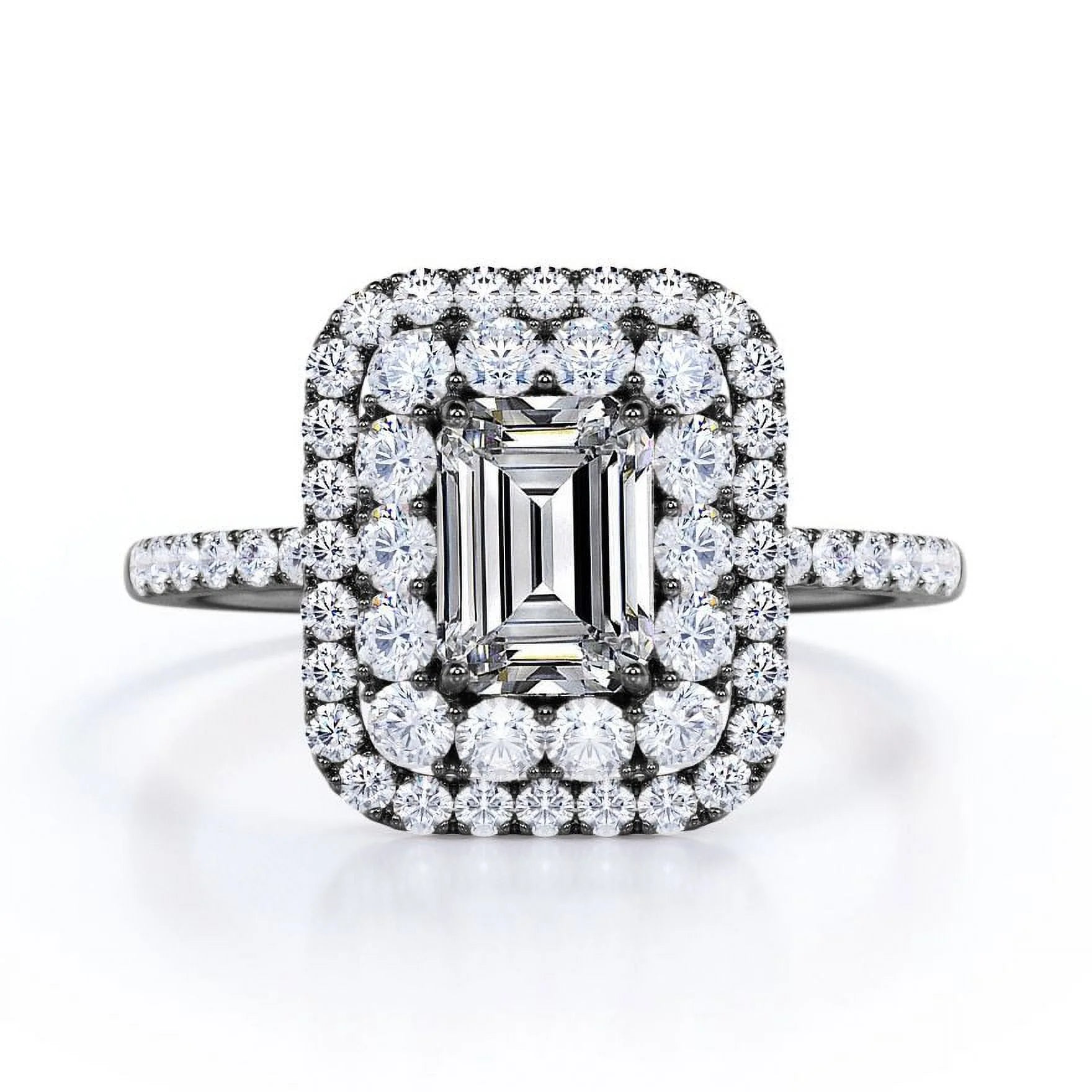 1.5 Carat Emerald Cut Moissanite Engagement Ring - Bridal Ring - Double Halo Ring - Cluster Ring - 18K Black Gold over Silver