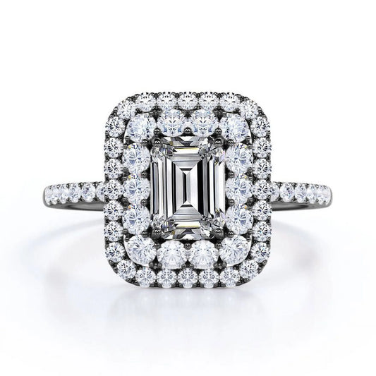 1.5 Carat Emerald Cut Moissanite Engagement Ring - Bridal Ring - Double Halo Ring - Cluster Ring - 18K Black Gold over Silver