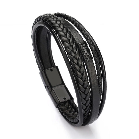 Mens Leather Bracelet Bracelet for Men with Magnetic Clasp - Multi-Layer Rope Wristband Style Men Bracelet Black 21.5Cm